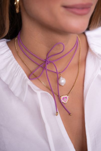 Necklace with purple heart charm and colourful rhinestones