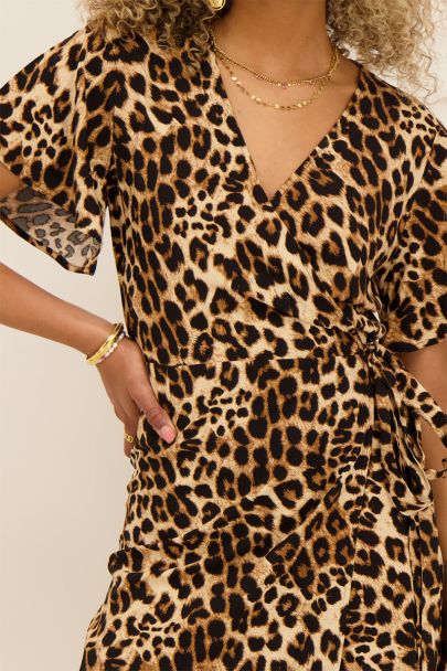 Beige wrap dress with leopard print 