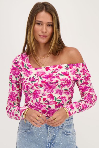 Beige off-shoulder top with pink flower print