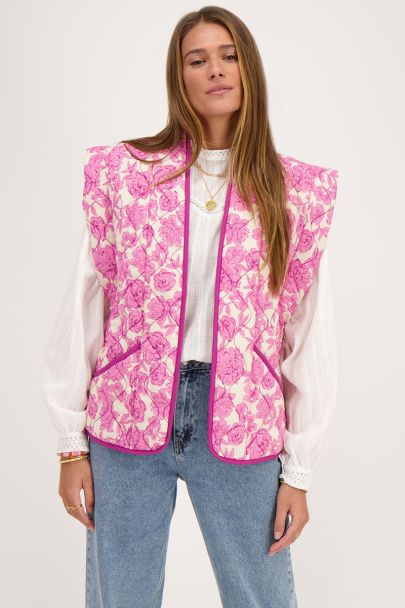 Beige padded gilet with pink and purple flower print