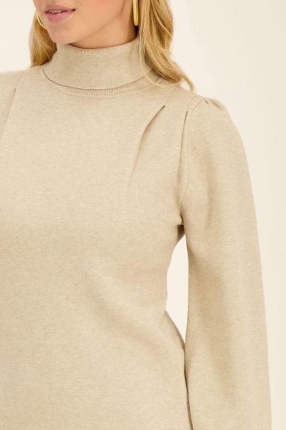 Beige turtleneck dress with puff sleeves