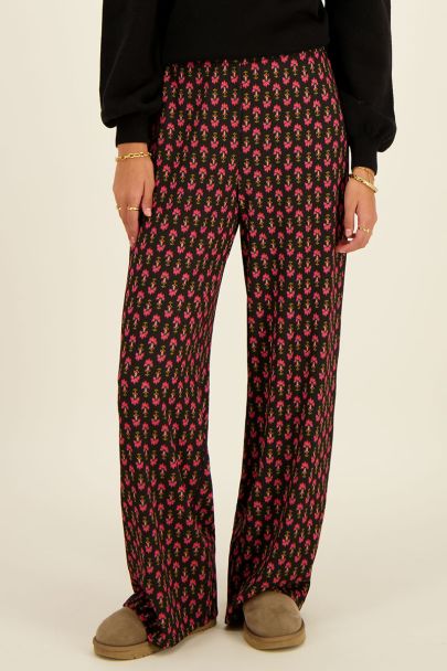 Zwarte crinkle pantalon met roze ornament print