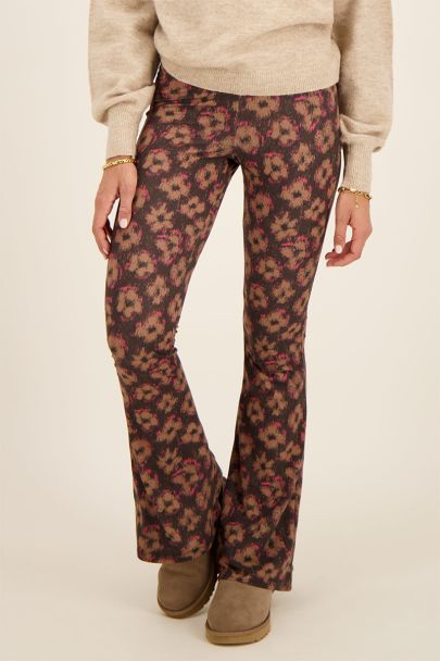 Black flared trousers with brown & pink floral print