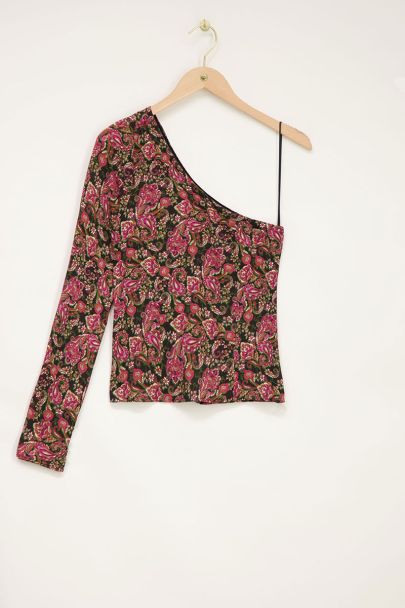 Black one-shoulder top with multicoloured paisley print