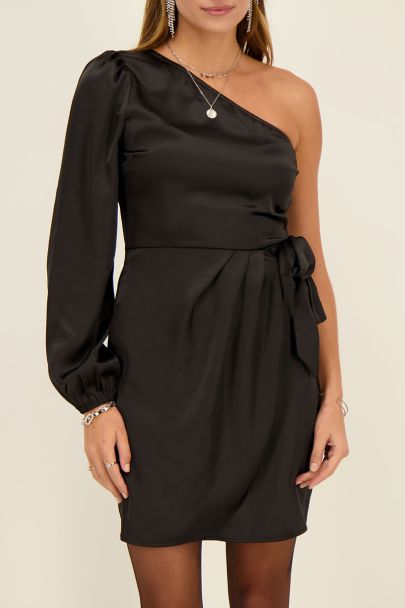 Black satin one-shoulder wrap dress