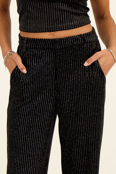 Black velvet wide leg pants with lurex pinstripe