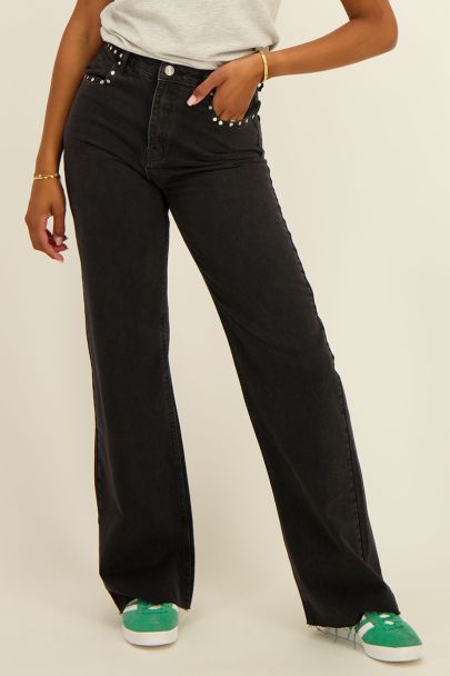 Black wide-leg jeans with studs