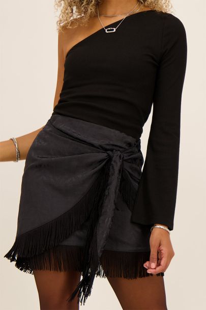 Black fringed jacquard wrap skirt