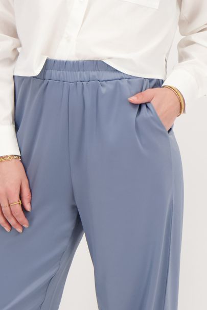 Blue satin wide leg trousers with elasticated waistband