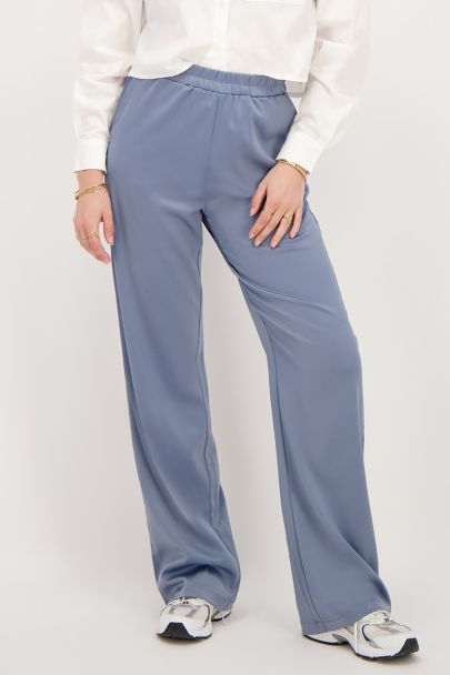 Blue satin wide leg trousers with elasticated waistband
