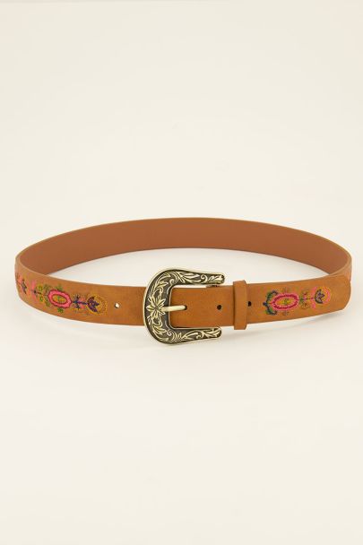 Brown belt with gold buckle & embroidered flowers