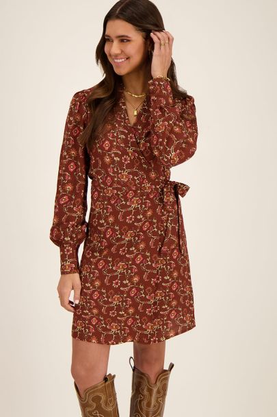 Brown wrap dress with graphic print