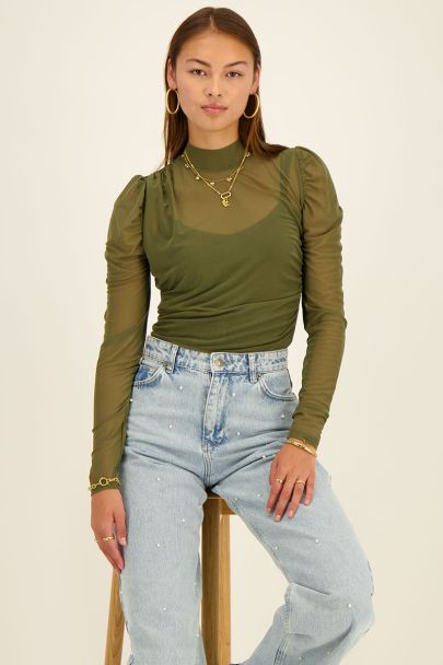 Green mesh top with pleats