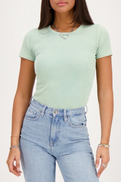 Green rib top with short sleeves
