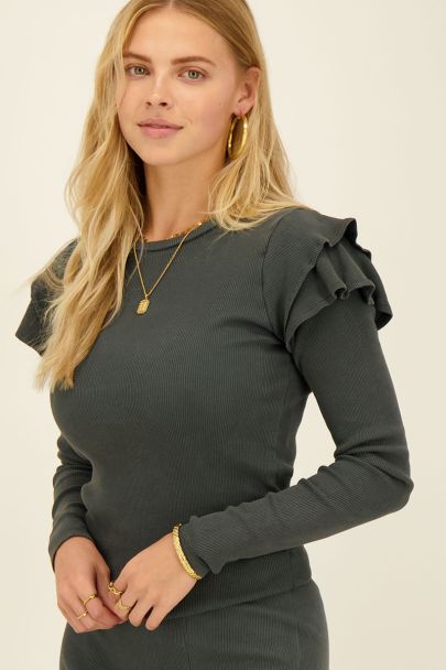 Grey long-sleeved top with ruffles