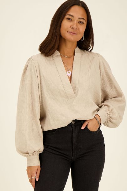 Beige muslin blouse with lurex pinstripe