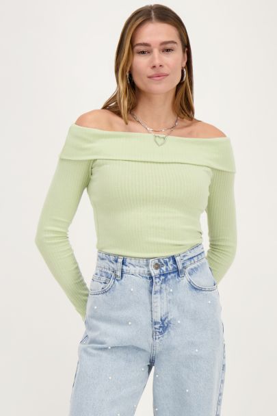 Green off-shoulder top with rib
