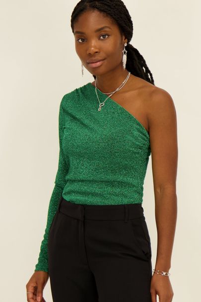 Green one-shoulder top with lurex