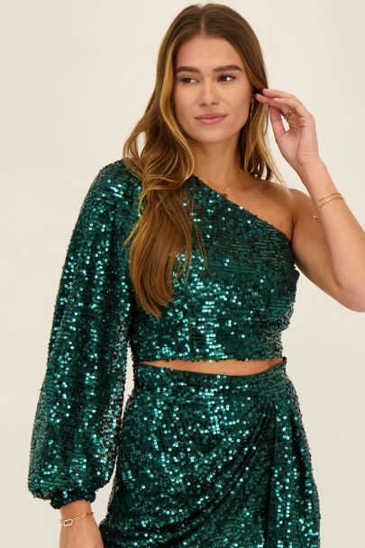 Green one-shoulder puff-sleeved top with sequins