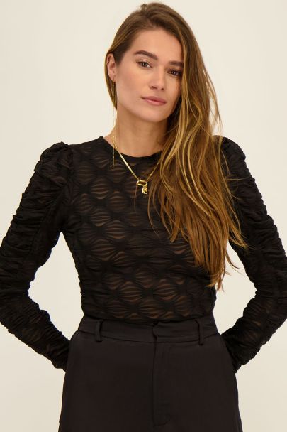 Black mesh top with draped sleeves