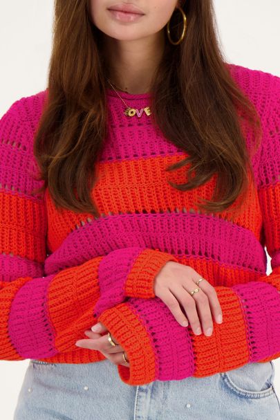Pink and orange striped open sweater