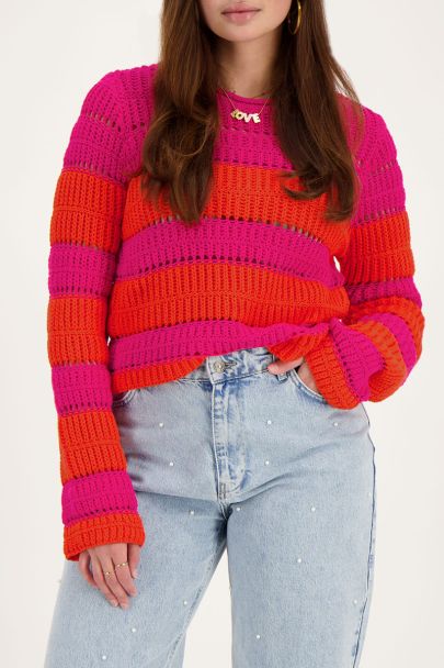 Pink and orange striped open sweater