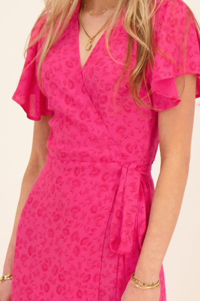 Pink midi wrap dress with red floral print
