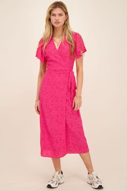 Pink midi wrap dress with red floral print