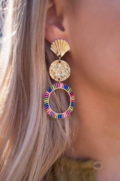 Sunchasers statement coin earrings with multicoloured beads