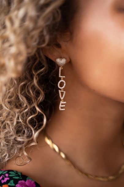 Drop earrings with rhinestone love letters