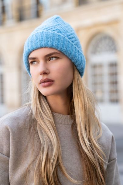 Blue cable knit beanie