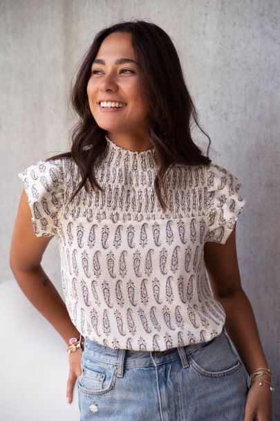 White paisley print smocked top with ruffles