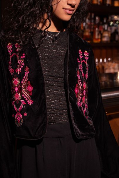 Black velvet jacket with pink embroidery