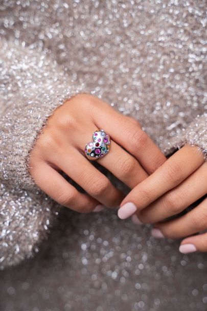 Universe statement ring with heart and multicoloured rhinestones