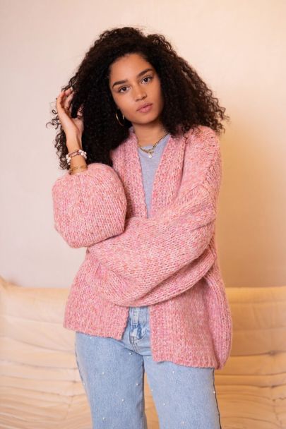 Light pink chunky knitted cardigan with lurex