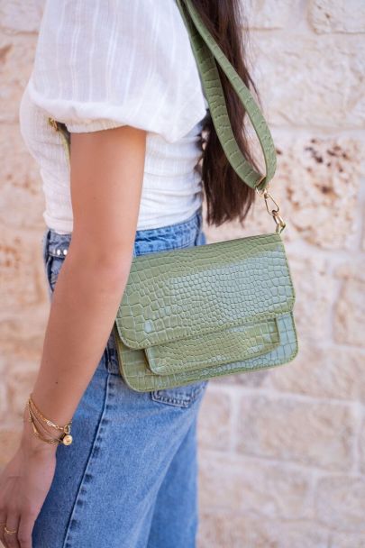 Olive green crocodile print shoulder bag