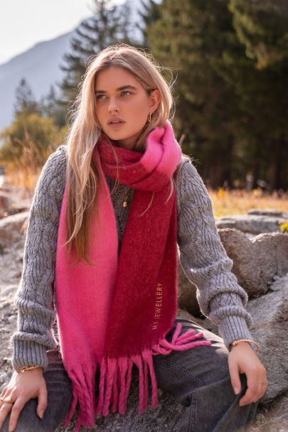Pink and red scarf with fringing