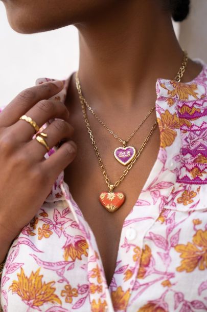 Art chain necklace with orange vintage heart