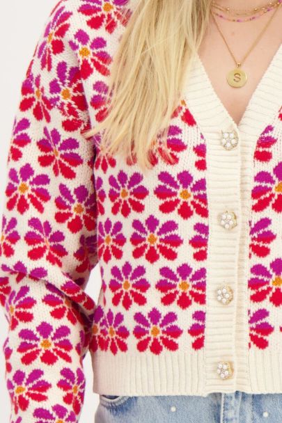Beige cardigan with multicolor jacquard flower print