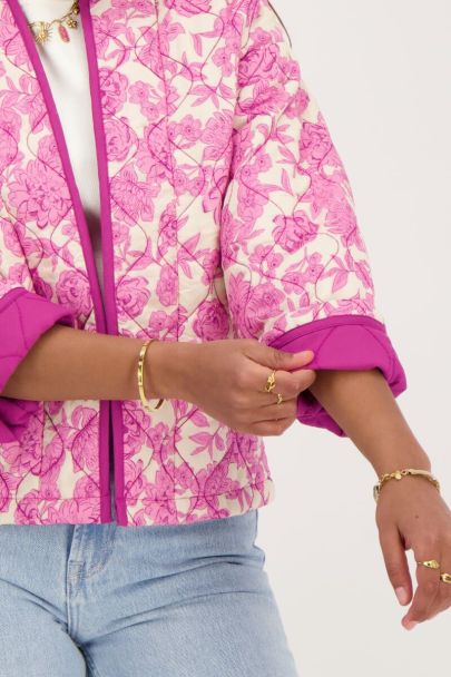 Beige kimono jasje met roze en paarse bloemenprint