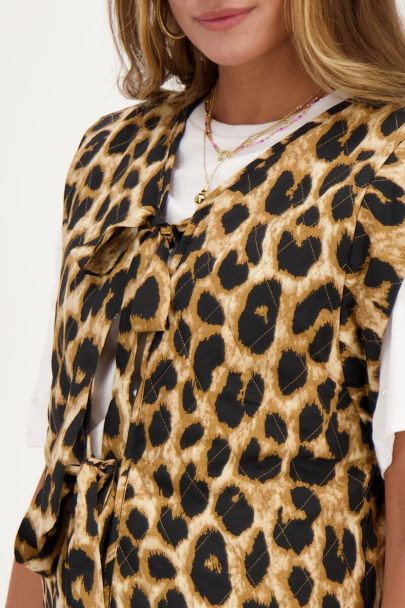 Veste sans manches beige imprimé léopard avec nœuds