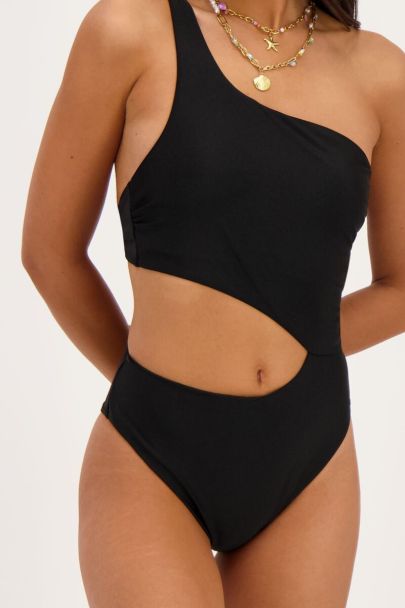 Black one-shoulder swimsuit with cut-out