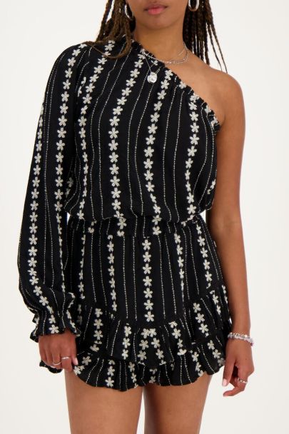 Zwart-witte one-shoulder top met embroidery