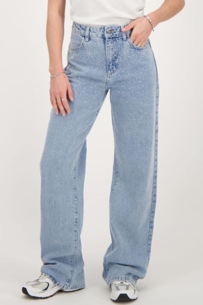Blue wide-leg jeans with rhinestones