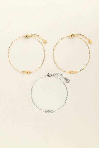 Set de 3 bracelets à 3 coeurs - 2 dorés & 1 argenté