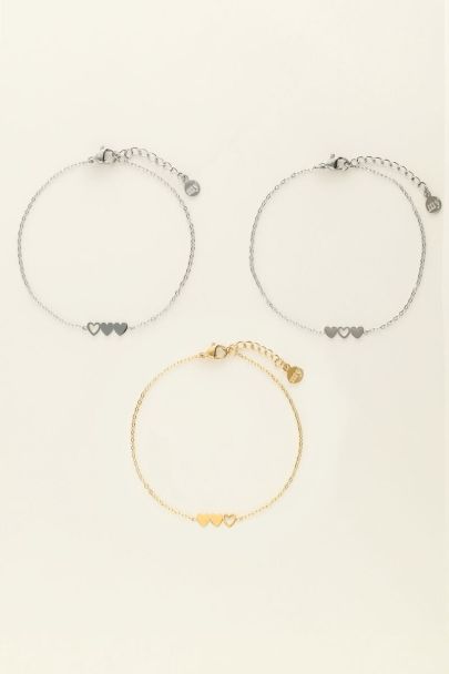 Set de 3 bracelets à 3 coeurs - 2 argentés & 1 doré