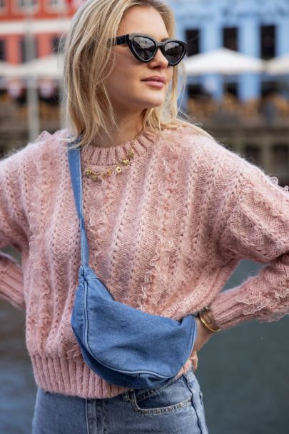 Pink cable knit sweater with lace