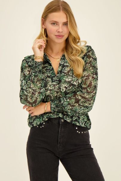 Green blouse with coloured print and ruffles
