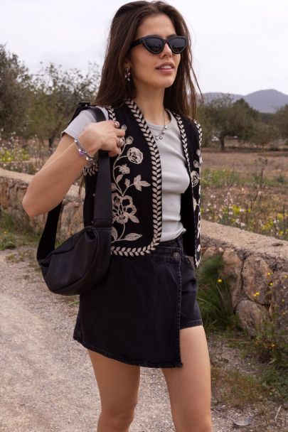 Black gilet with cream embroidery