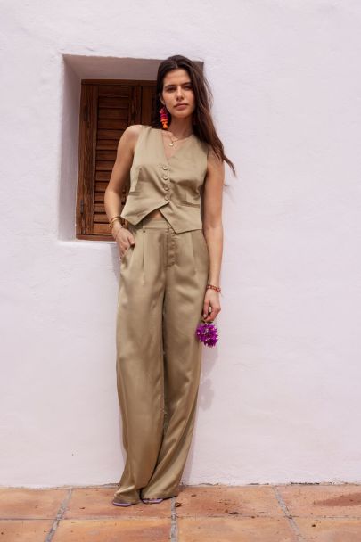 Olive green satin-look trousers 